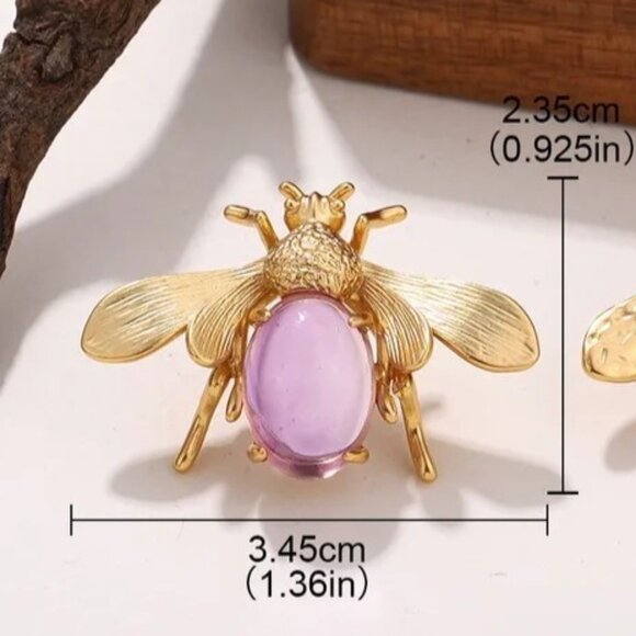 Bee Bug Earrings Pierced Purple Cabochon Gold Tone Chandelier New - Picture 4 of 6